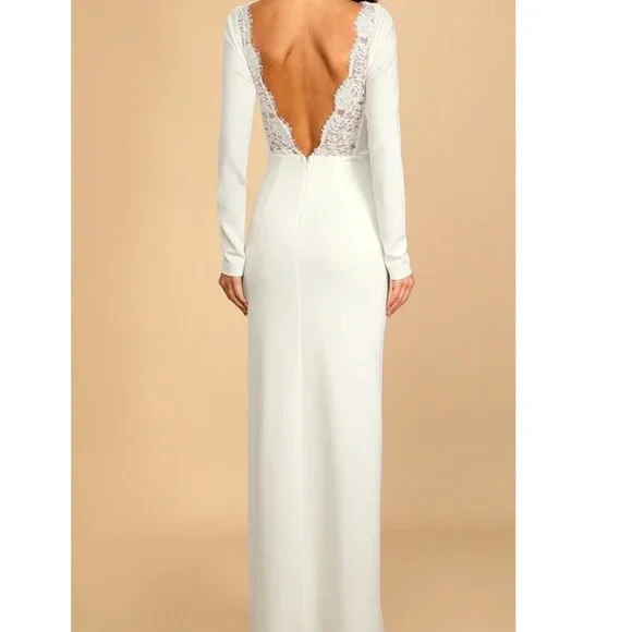 Lulus Romantic White Lace Trim Back Long Sleeve Bridal Wedding Dress Small NWOT - Picture 3 of 8